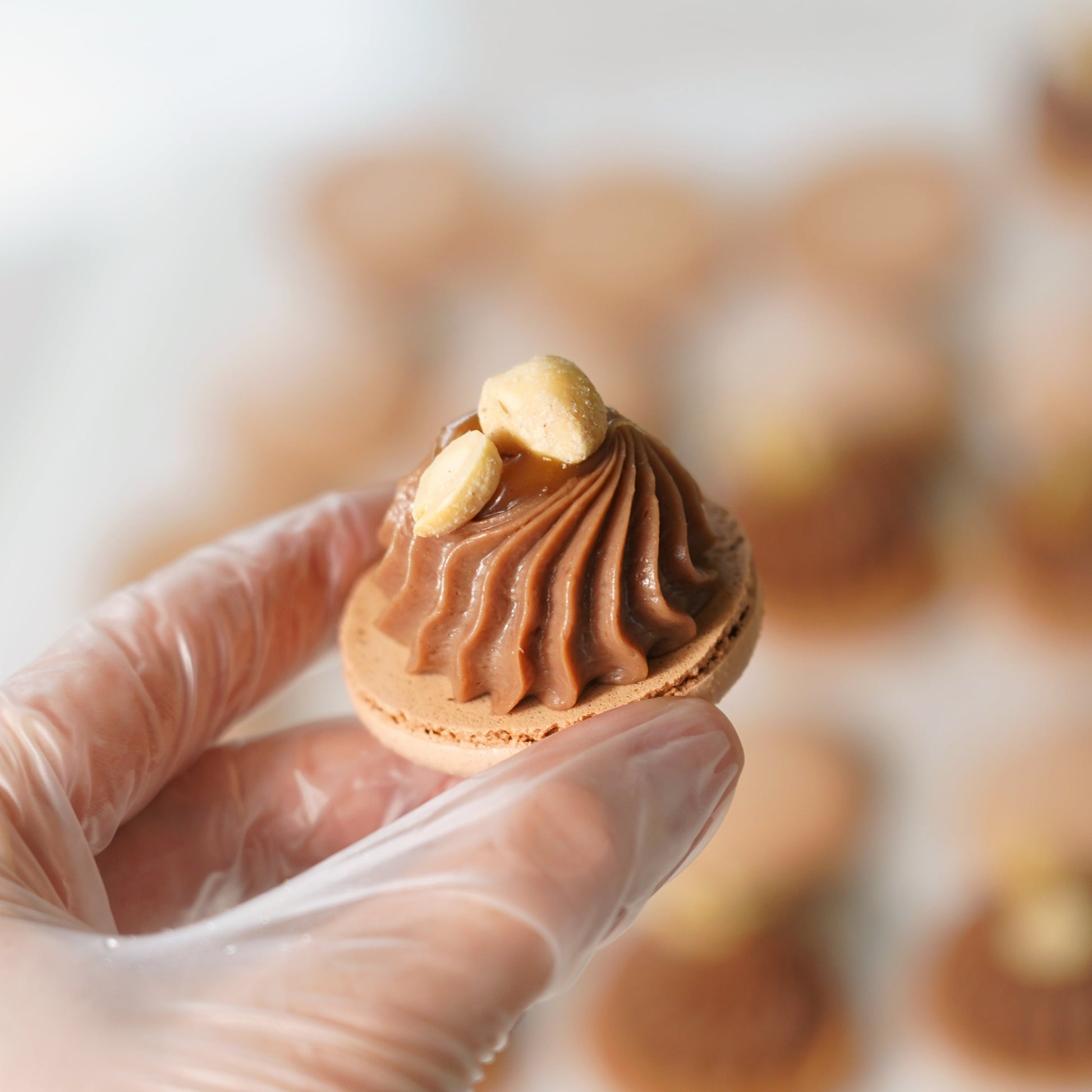 Hand holding a small pastry with chocolate icing and a nut, blurred background of similar pastries.