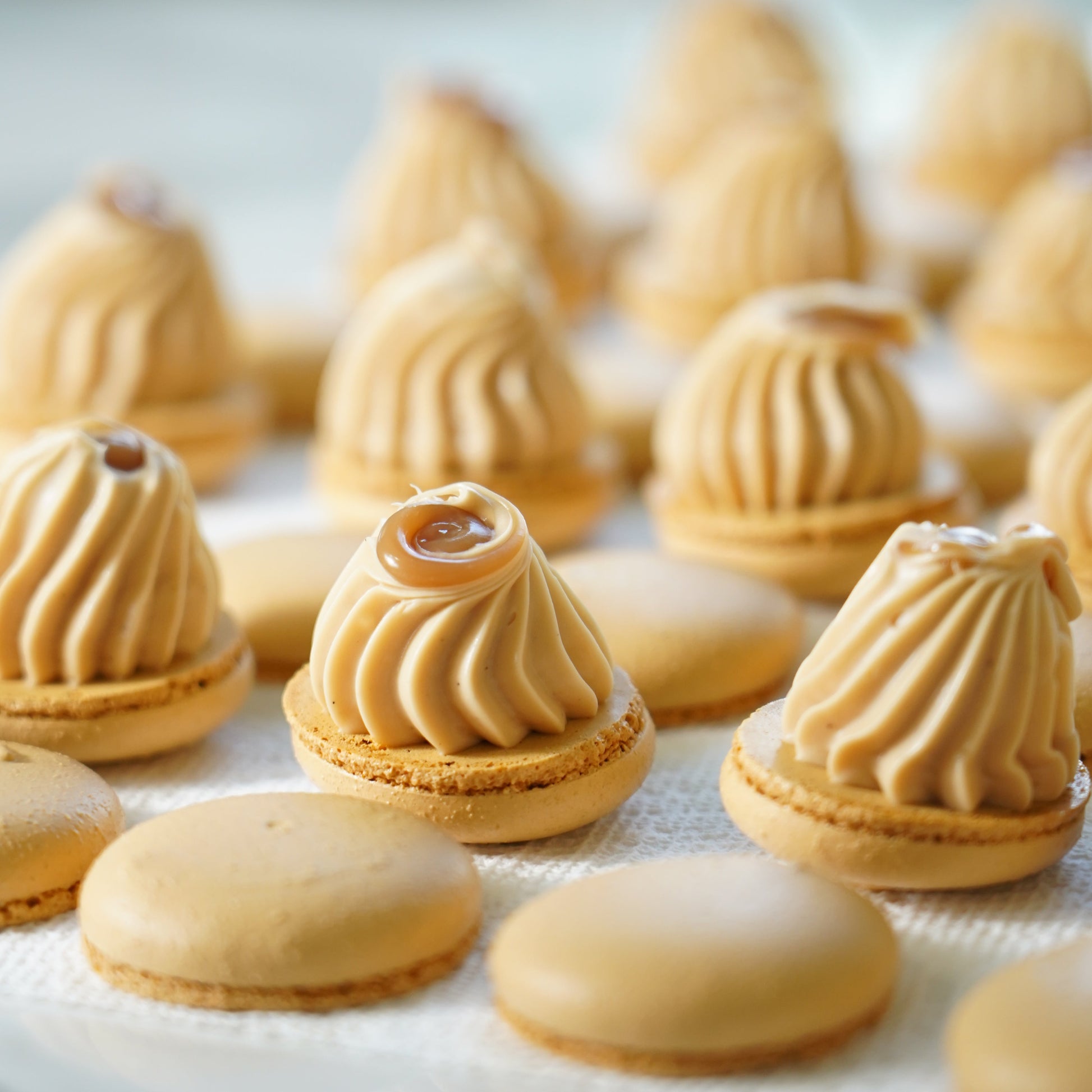 Close-up of decorative macarons with caramel filling on a white background